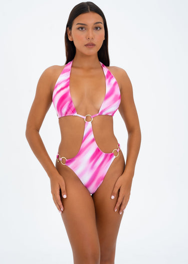 Tie Back One Piece With Ring Pink Stripe